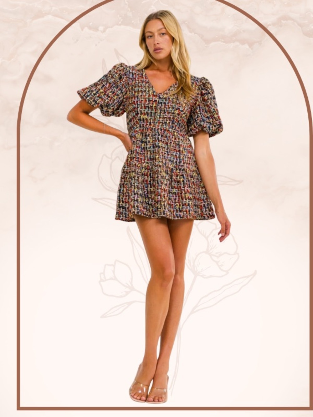 Multicolor Tweed Puff-Sleeve Mini Dress